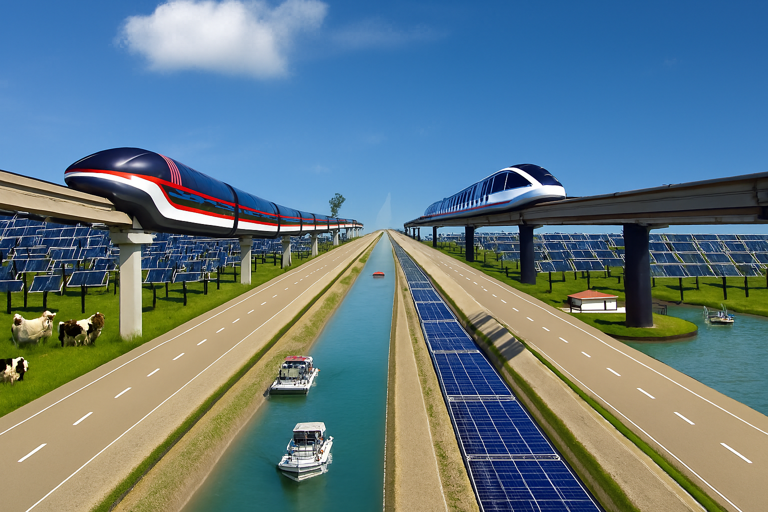 Futuristic maglev trains on elevated tracks beside solar panel fields, a turquoise canal with a boat, and a highway under a bright blue sky