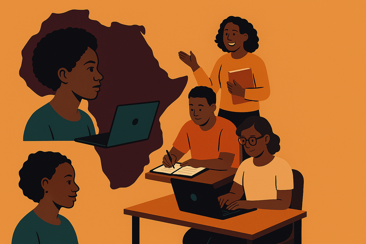An illustration representing lifelong learning and work programs in Africa, with educational and professional icons.