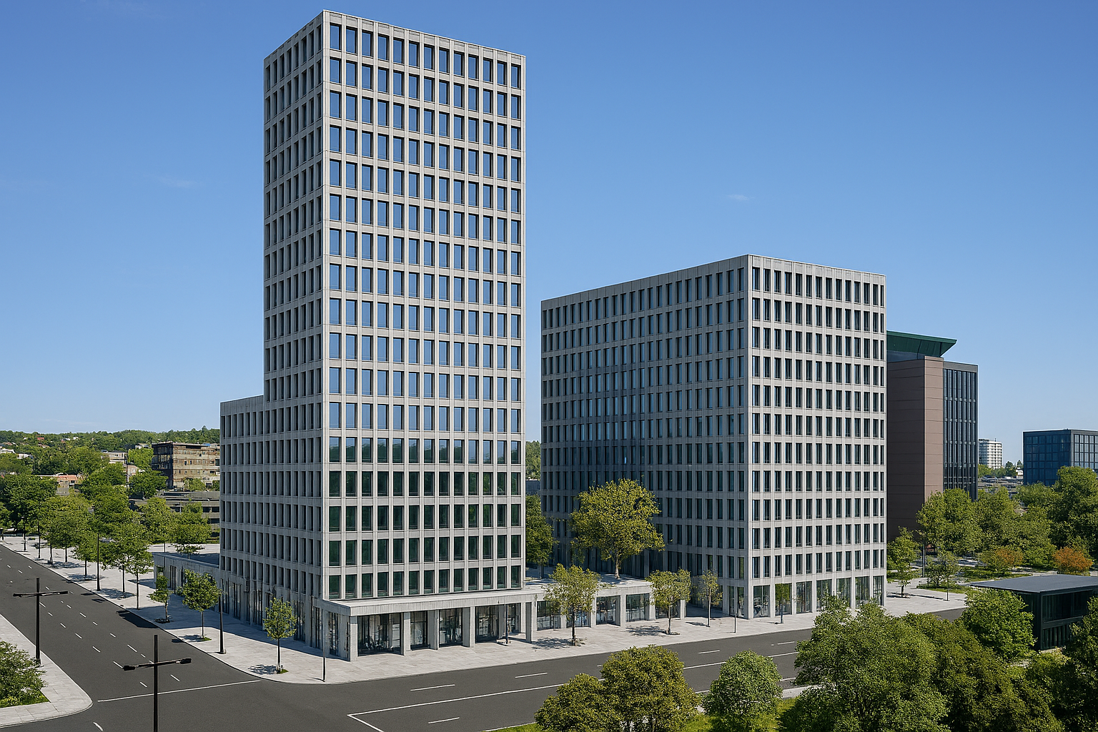 Modern office buildings with landscaped urban street